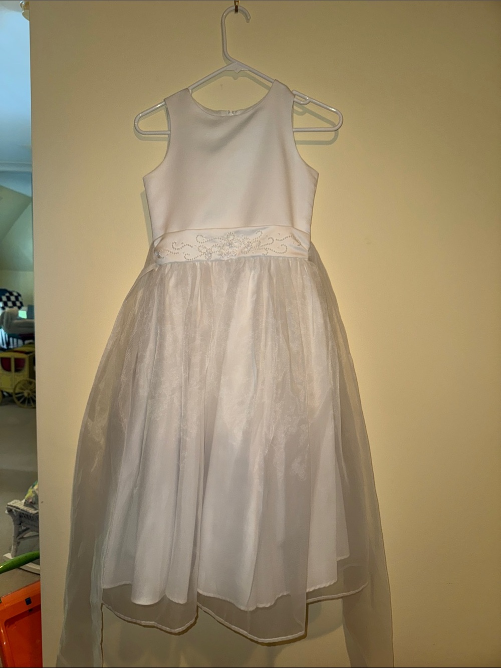 Us Angels White Satin & Tulle Flower Girl Dress with Embroidered Waist